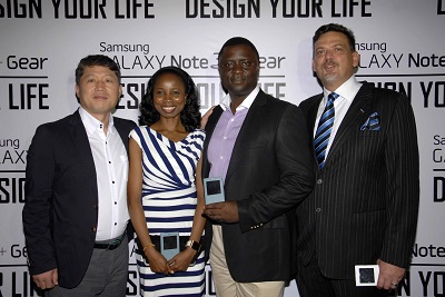 (L-r): Brovo Kim, managing director, Ms. Olajumoke Okikiolu, marketing manager, Hand Held Products, Olumide Ojo, head of Sales, Hand Held Products, and Emmanouil Revmatas, director, Hand Held Products, all of Samsung Electronics West Africa, at the launch of Samsung’s Galaxy Note 3 and Gear in Lagos.